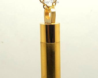 Cylinder Cremation Urn Pendant 24k Gold Plated Keepsake Charm Necklace - Holds Ashes Fur Sand Vial Memorial Jewellery Engraved Personalised