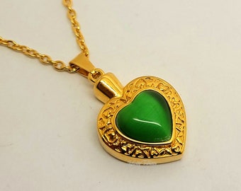 Grönt Hjärta Urna Halsband 24k Guldpläterat Hänge Minnesmärke Berlock - Innehåller Aska Päls Sand - Gravyr/Personlig/Skräddarsydd