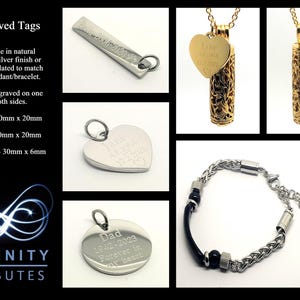 May include: Engraved silver and gold tags in various shapes, including a circle, heart, and rectangle. The tags can be personalized with text and are available in natural polished silver or 24k gold plating. The image also shows a silver bracelet with black accents and a gold pendant with a heart-shaped charm. The text "INFINITY TRIBUTES" is visible in the bottom left corner.