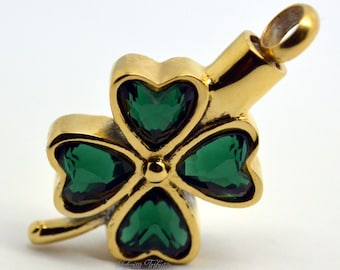 Cremation Urn Necklace - 24k Gold Plated Clover / Shamrock Pendant - Keepsake Charm - Holds Ashes Fur Sand-Engraving/Personalised/Bespoke