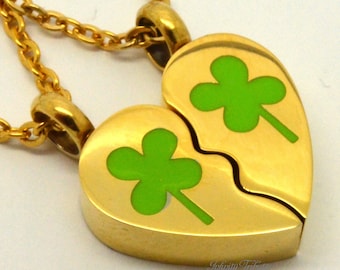 Cremation Urn Pendant - 24k Gold Plated Twin Set Broken Heart Clover Keepsake Charm Necklaces - Holds Ashes - Engraving/Personalised/Bespoke