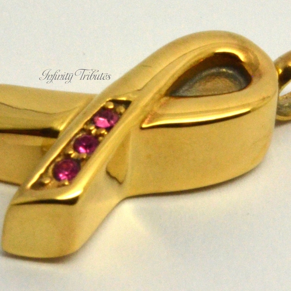 Cremation Urn Ashes Necklace - 24k Gold Plated Pink Ribbon Keepsake Pendant Charm - Unique Funeral Vial Jewellery Cancer Awareness