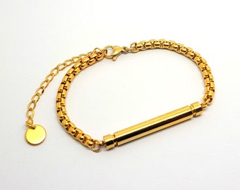 Cylinder Cremation Urn Bracelet - 24k Gold Plated Keepsake Bangle - Holds Ashes Fur Sand etc - Memorial Funeral Vial Engraved Personalised