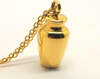 Mini Urn Cremation Pendant - 24k Gold Plated Keepsake Charm Necklace - Holds Ashes Fur Sand Vial Memorial Jewellery Engraved Personalised