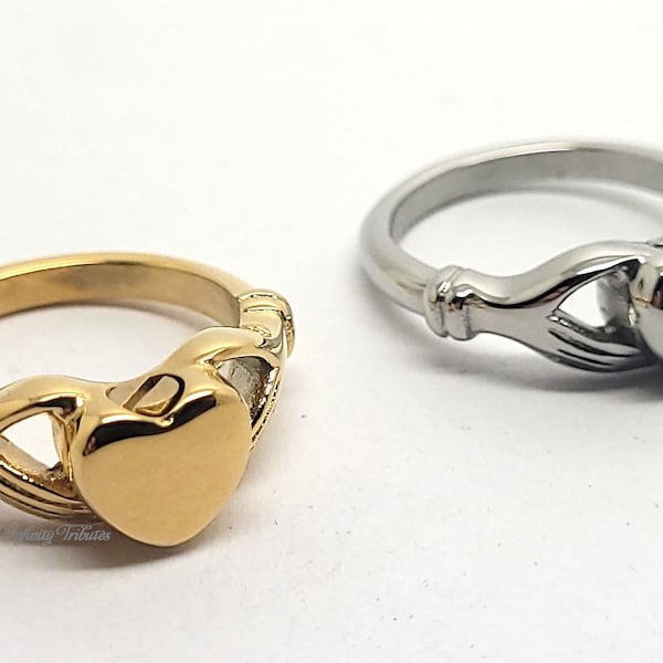 Claddagh Cremation Urn Finger Ring - Silver or 24k Gold Plated Keepsake Rings Custom Engraved