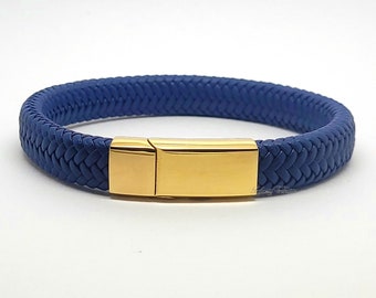 Cremation Urn Bracelet - Keepsake Bangle - Blue Braided Leather - Ashes Hair Fur etc Engraving/Custom/Bespoke Unique Funeral 24k Gold Plated