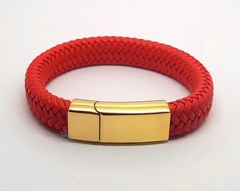 Cremation Urn Bracelet - Keepsake Bangle - Red Braided Leather - Ashes Hair Fur etc Engraving/Custom/Bespoke Unique Funeral 24k Gold Plated