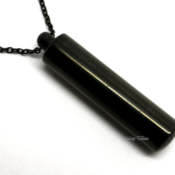 Large Cylinder Cremation Urn Pendant - Keepsake Charm Necklace - Holds Ashes Fur Sand Vial Memorial Jewellery Black