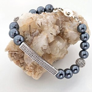 Gray pearl bracelet, rhinestone bar, special occasion, mother of the bride, maid of honor, wedding jewelry, gift for woman, June birthday