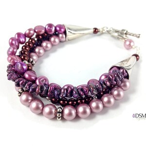 Purple pearl multistrand bracelet with freshwater and Swarovski pearls, perfect June birthstone gift or special occasion statement bracelet