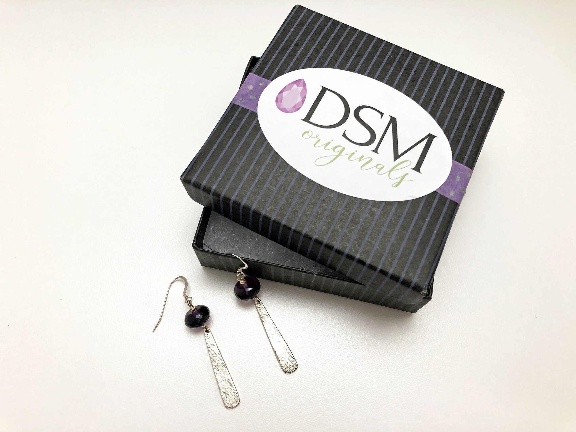 Genuine Purple Amethyst and Lab Diamond Silver Dangle Earrings