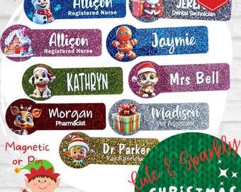 Sparkly Christmas Character Glitter Name Badge - Gingerbread Name Badge - Santa Name Badges - Nurse Badge - Teacher Badge - Student Nurse