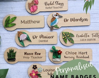 Wattle Eucalyptus Name Badge - Custom Name Badge - Magnetic Badge - Pin Badge - Kookaburra - Personalised Gift