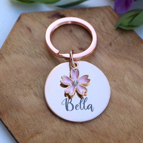 Personalised Pink Blossom Pet Name Tag - Pet ID Tag - Pet gift - Dog Tag - Cat Tag - Puppy Tag - Microchipped Tag