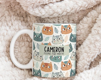 Leafy Cat Personalised Name Mug– Cat Lover Gift - Whimsical Boho Cats & Leaves Ceramic Coffee Cup
