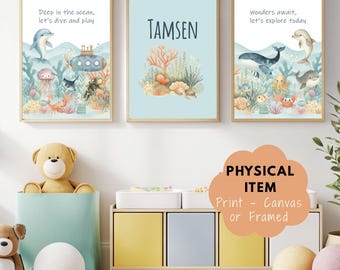 Personalized Underwater Adventure 3-Piece Wall Art Set - Custom Name Initial Ocean Nursery Decor, Watercolor Whale & Diver Artwork