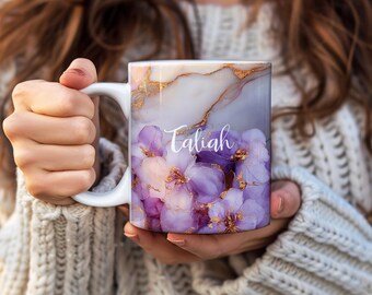 Purple Lilac Marble Floral Mug | Personalized Coffee Tea Cup Gift for Her