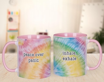 Pastel Tie-Dye Mindful Mug - Inhale Exhale Ceramic Coffee Cup - Peace Over Panic Mental Health Gift