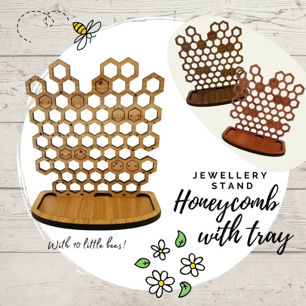 Honeycomb and Tray Jewelry Stand - Jewellery Stand -  Jewelry display - Earring holder  - Wooden Anniversary gift - Woman's gift