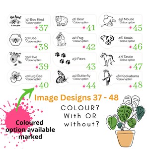 May include: A graphic featuring various animal and insect designs, including a bear, bee, butterfly, and mouse. Each design is labeled with a number and the option for color. The text "Image Designs 37-48" is also present.