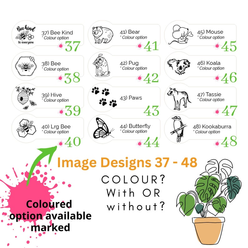 May include: A graphic featuring various animal and insect designs, including a bear, bee, butterfly, and mouse. Each design is labeled with a number and the option for color. The text "Image Designs 37-48" is also present.