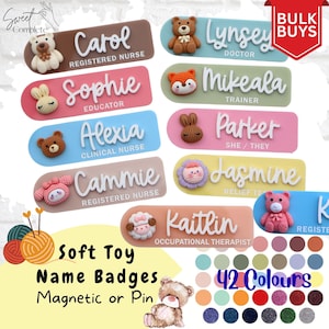 Personalised Soft Toy Teddy Work Name Badge - Rabbit Name Badge - Flower Work Badge - Nurse Name Badge - Personalised Gift