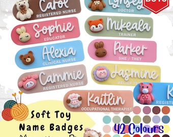Personalised Soft Toy Teddy Work Name Badge - Rabbit Name Badge - Flower Work Badge - Nurse Name Badge - Personalised Gift