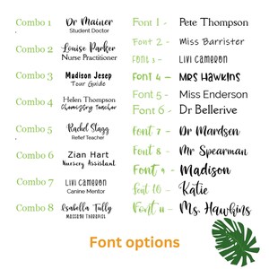 May include: A graphic featuring text combinations and font options. The text includes names and professions, such as "Dr. Mainer, Student Doctor" and "Louise Parker, Nurse Practitioner." Font options are numbered and displayed.
