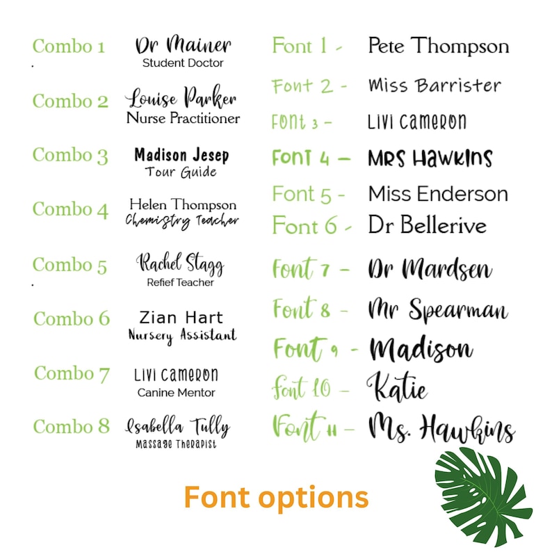 May include: A graphic featuring text combinations and font options. The text includes names and professions, such as "Dr. Mainer, Student Doctor" and "Louise Parker, Nurse Practitioner." Font options are numbered and displayed.