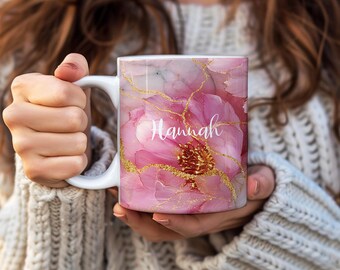 Pink Floral Marble Mug | Custom Name Cup | Personalized Mug | Coffee Tea Cup Gift For Her