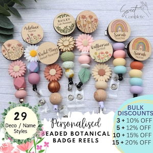 Porta credencial retráctil con margaritas y cuentas - Regalo para profesores - Credencial de enfermera - Regalo personalizado