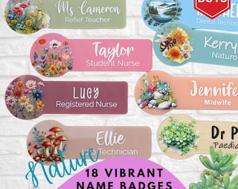 Personalised Nature Wildflowers Work Name Badge - Leafy Name Badge - Wildflower Work Badge - Nurse Name Badge - Wooden Name badge