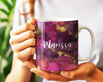 Purple Plum Marble Flower Mug | Plum Custom Name Cup | Personalized Mug | Coffee Tea For Her