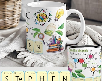 Tea Chemistry Ceramic Mug – Science Periodic Table Tea Lover Gift, 11oz Lab-Themed Coffee Cup with Colorful Handle