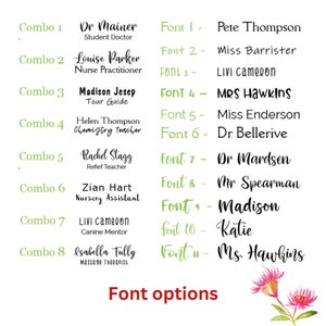 May include: A green and white chart with the text "Combo 1" through "Combo 8" and "Font 1" through "Font 11". Each combo has a name and job title, and each font has a name. The chart is on a white background with a floral design in the bottom right corner.
