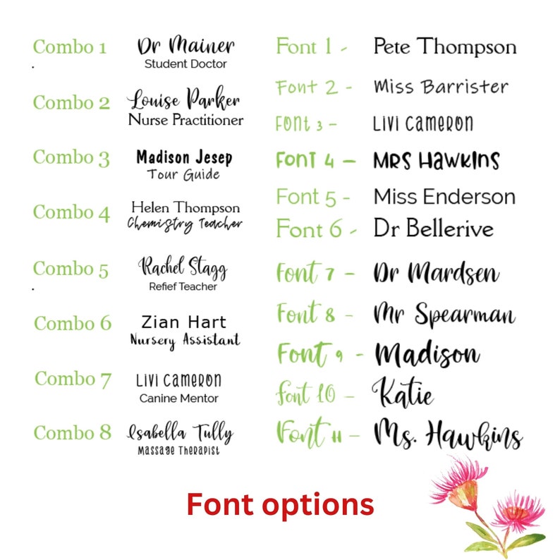 May include: A green and white chart with the text "Combo 1" through "Combo 8" and "Font 1" through "Font 11". Each combo has a name and job title, and each font has a name. The chart is on a white background with a floral design in the bottom right corner.