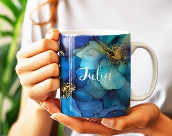 Royal Blue Marble Flower Mug | Navy Blue Custom Name Cup | Personalized Mug | Coffee Tea For Her