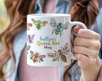 Custom Queen Bee Mug with Floral Folk Art Bees - Personalised Color Handle Coffee Cup - 11oz Ceramic Bee Lover Gift