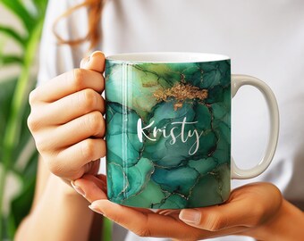 Emerald Green Marble Flower Mug | Custom Name Cup | Personalized Mug | Coffee Tea For Her