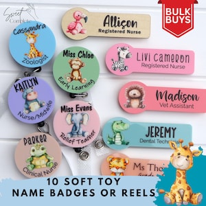May include: Ten colourful soft toy name badges or reels with animal illustrations and personalised names. The badges feature a variety of animals, including a giraffe, zebra, elephant, hippopotamus, monkey, turtle, tiger, crocodile, and lion. The names on the badges include Cassandra, Kaitlyn, Miss Chloe, Miss Evans, Parker, Allison, Livi Cameron, Madison, Jeremy, and Ms. Thomas.