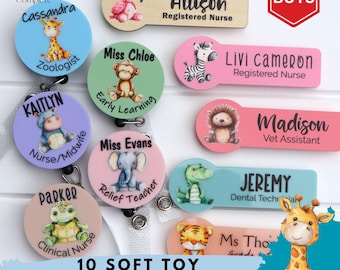 Personalised Cute Animal Work Badge Reel - Dinosaur Name Badge - Cute Badge Reel - Nurse Name Badge - Wooden Name badge