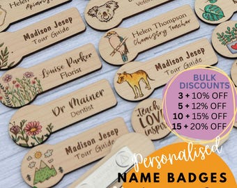 Custom Engraved Wooden Name Badge – Hand-Colored, Magnetic or Pin