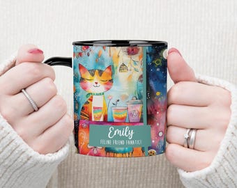 Whimsical Tabby Cat Ceramic Mug - Personalized Watercolor Cat Art Coffee Cup for Book Lovers