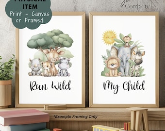 Safari Animal Nursery Decor - Run Wild My Child - Set of 2 Cute Baby Giraffe, Lion, Elephant Decor for Kids Bedroom