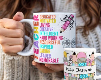 Teacher Appreciation Personalized Mug - Custom Gift for Dedicated Teachers, Pastel Pencil & Floral Design, 11oz Ceramic Coffee Cup