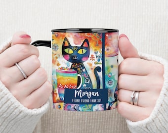 Whimsical Black Cat Ceramic Mug - Personalized Watercolor Cat Art Coffee Cup for Book Lovers - Magic Lovers
