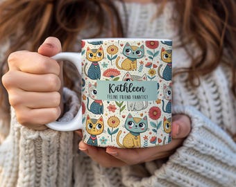 Personalized Feline Friend Fanatic Cat Mug – Whimsical Boho Cat & Floral Ceramic Coffee Cup