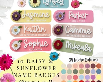 Personalised Flower Mix and Match Name Badge - Daisy Name Badge - Sunflower Work Badge -Glitter Name Badge - Nurse Badge - Teacher Badge