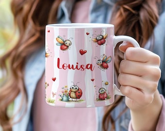 Customized Ladybug Garden Mug - 15 Happy Ladybugs, Daisies, and Hearts - Cute Floral Gift