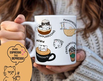 Cat Coffee Lover Coffee Mug - Pawspresso Funny Cat Gift - 11oz Colored Rim Tea Cup
